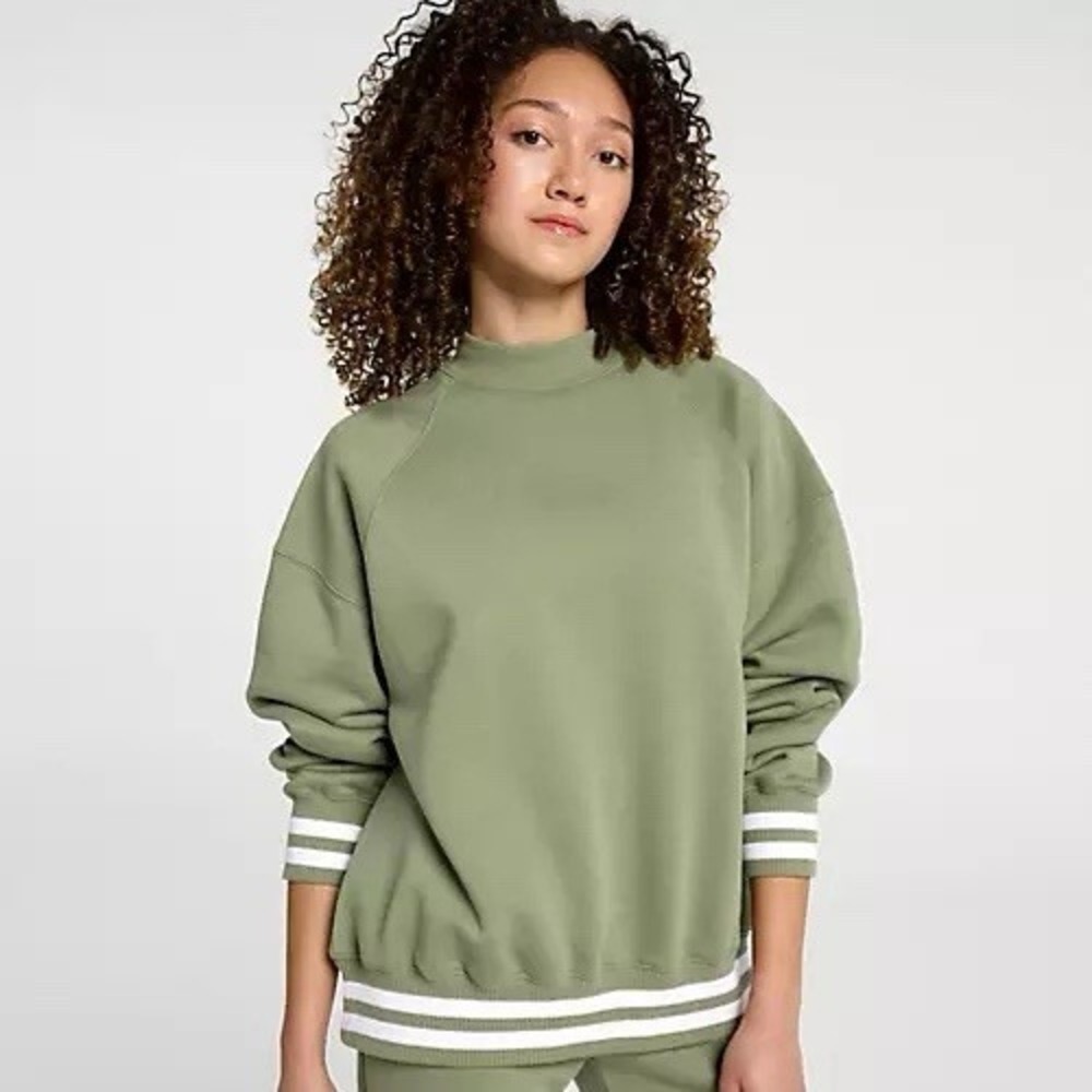 New DSG Classic Fleece Mockneck Sweatshirt SMALL Green & White Striped Trim
